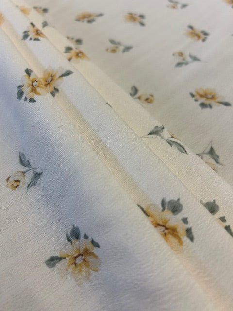 Lemon & Grey Floral Polyester Fabric – Cream Crinkle Base