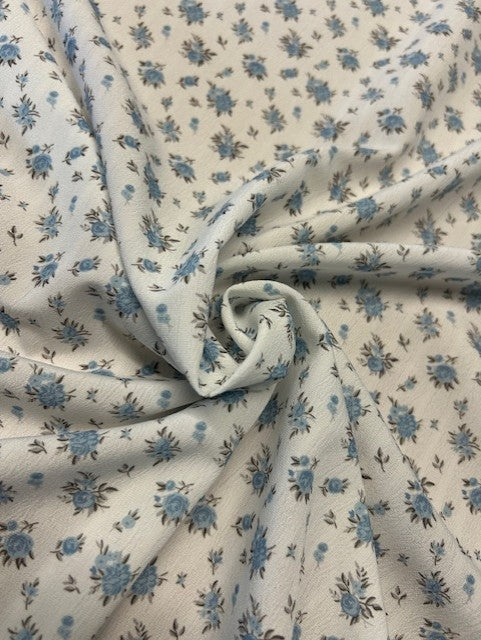 Blue & Grey Floral Polyester Fabric – Ivory Crinkle Base