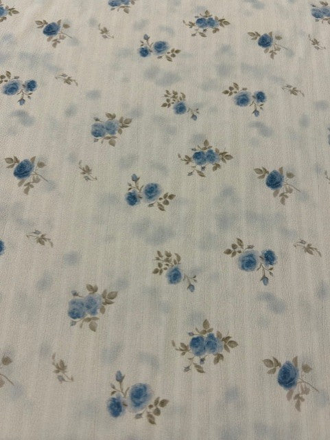 Blue & Taupe Floral Polyester Fabric – Ivory Crinkle Base
