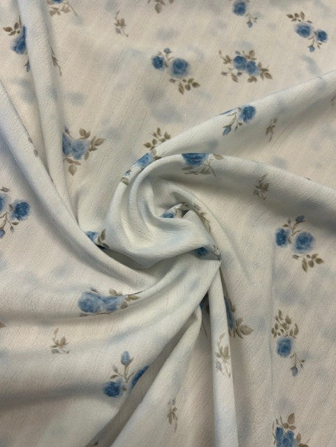 Blue & Taupe Floral Polyester Fabric – Ivory Crinkle Base