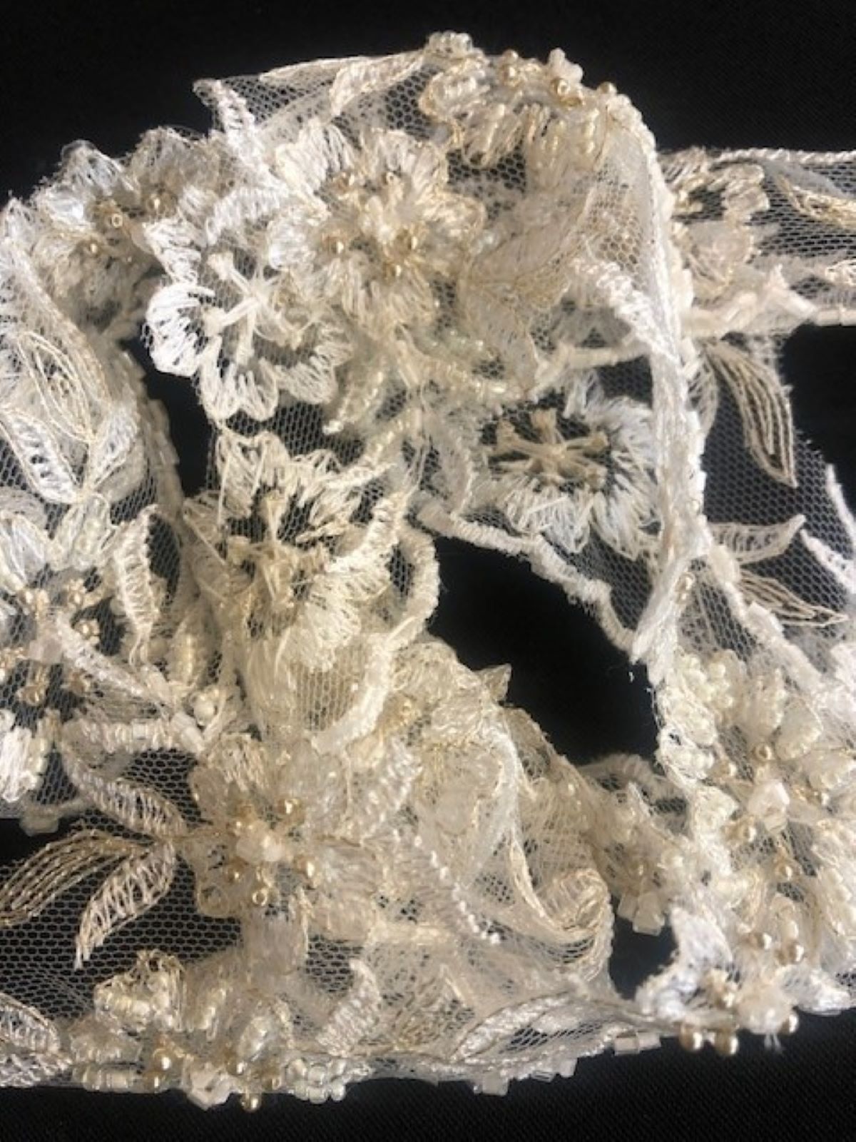 Ivory Lace Like Edging With Pearls & Beading. 8cm Maximum Width
