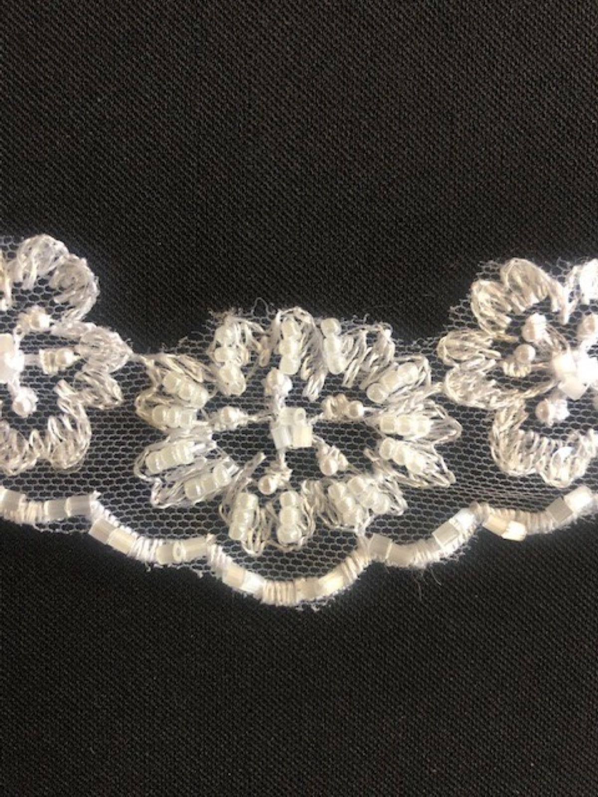 White Lace Like Edging With Pearls & Beading. 8cm Maximum Width