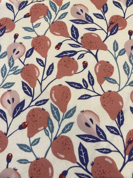 Coral Pink Pears on White Cotton Lawn