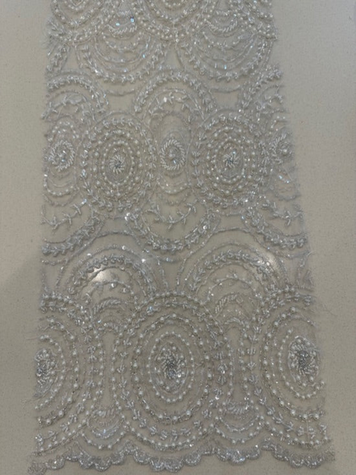 Ivory Pearl, Crystal and Beaded Overlapping Circle Embroidery on Tullr with Lurex Detail, Heavy Weight