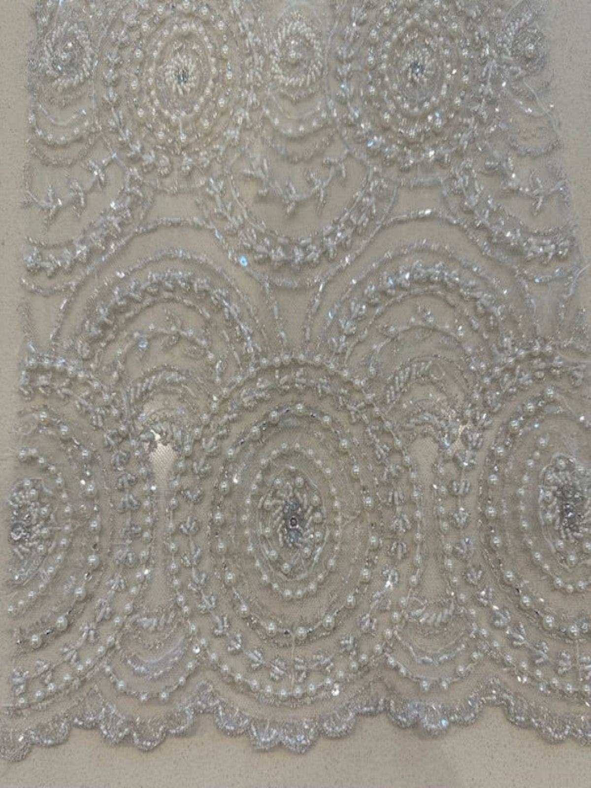 Ivory Pearl, Crystal and Beaded Overlapping Circle Embroidery on Tullr with Lurex Detail, Heavy Weight