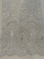 Ivory Pearl, Crystal and Beaded Overlapping Circle Embroidery on Tullr with Lurex Detail, Heavy Weight
