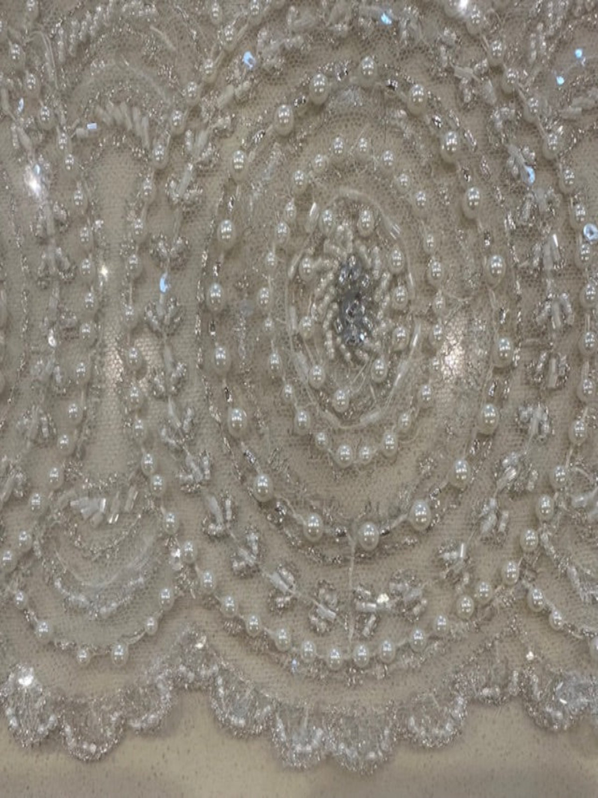 Ivory Pearl, Crystal and Beaded Overlapping Circle Embroidery on Tullr with Lurex Detail, Heavy Weight