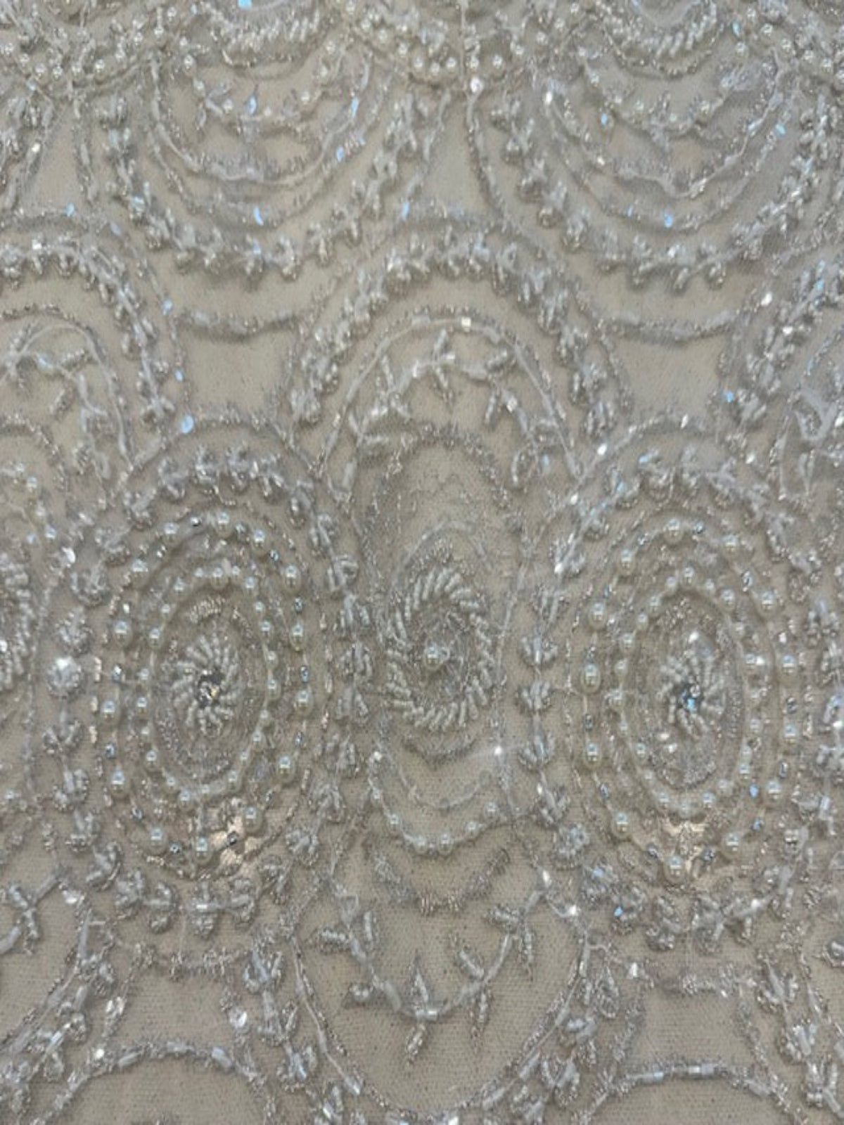 Ivory Pearl, Crystal and Beaded Overlapping Circle Embroidery on Tullr with Lurex Detail, Heavy Weight