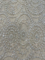 Ivory Pearl, Crystal and Beaded Overlapping Circle Embroidery on Tullr with Lurex Detail, Heavy Weight