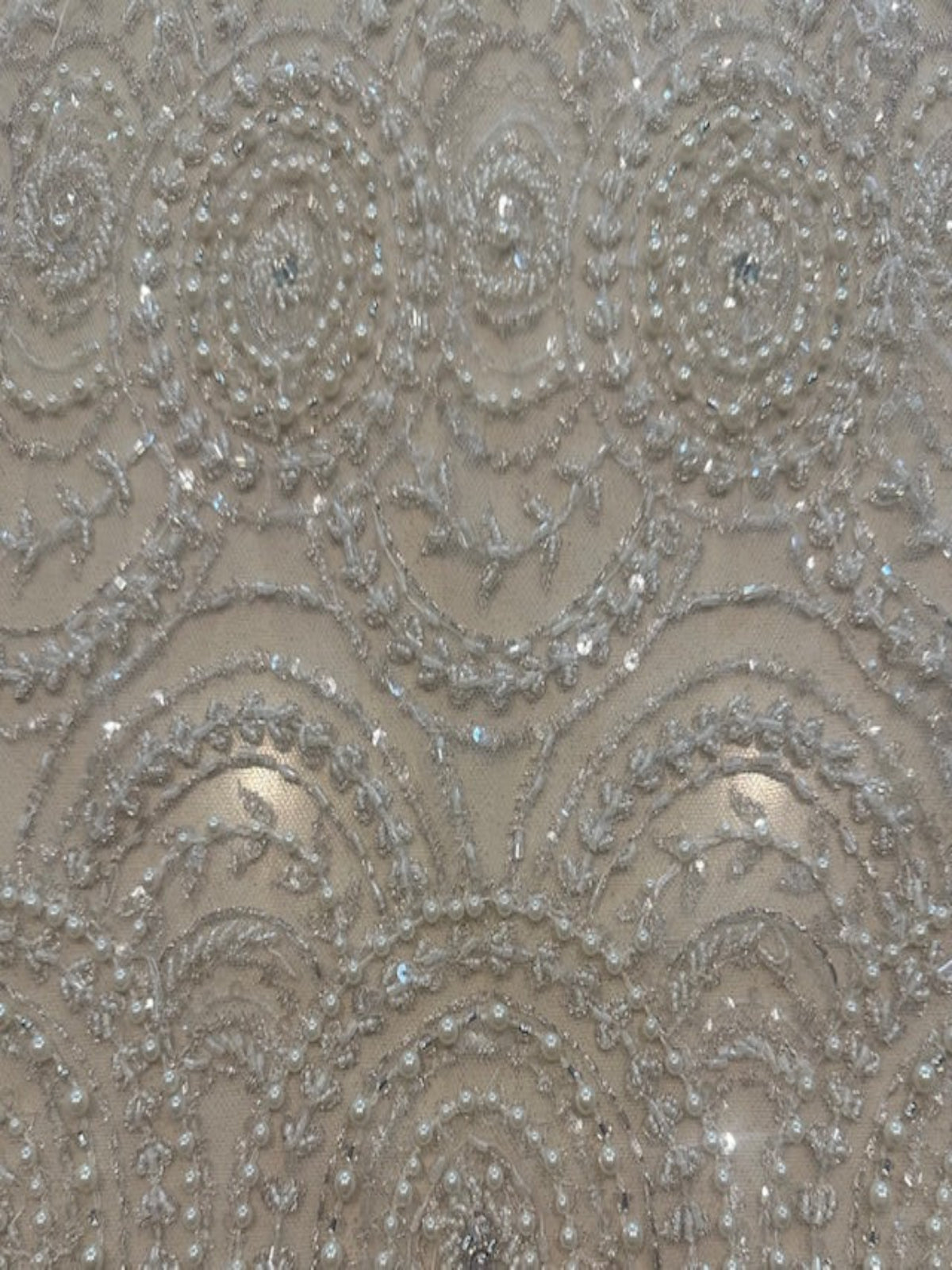 Ivory Pearl, Crystal and Beaded Overlapping Circle Embroidery on Tullr with Lurex Detail, Heavy Weight