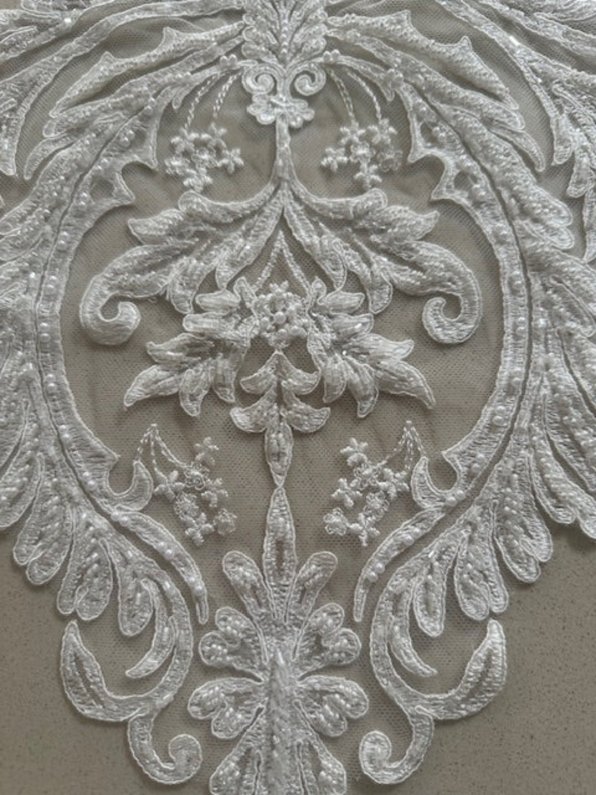 Ivory Embroidered & Beaded & Applique, Bold Shaped 35cm Long