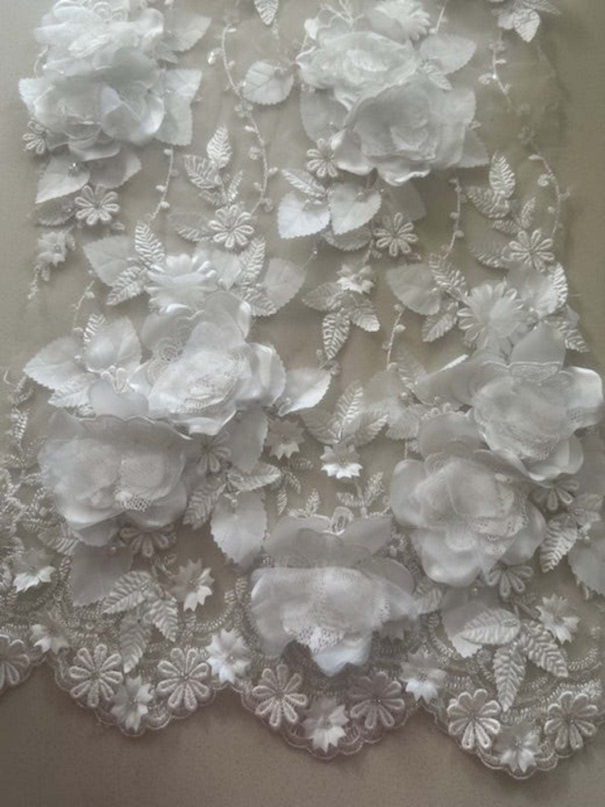 Ivory Laser Cut 3D Trailing Floral with Pearl &amp; Sequin Detail on Tulle