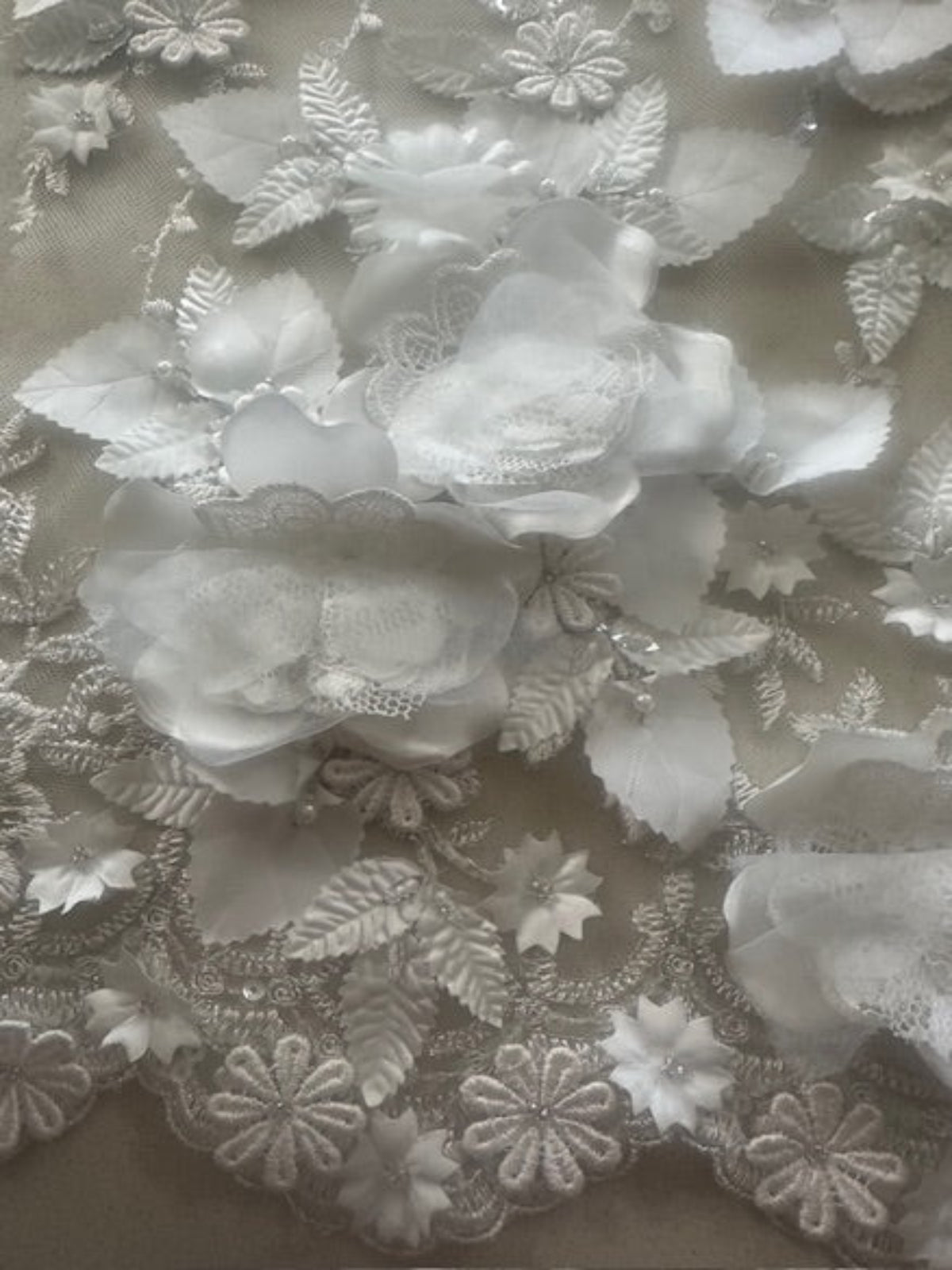 Ivory Laser Cut 3D Trailing Floral with Pearl &amp; Sequin Detail on Tulle