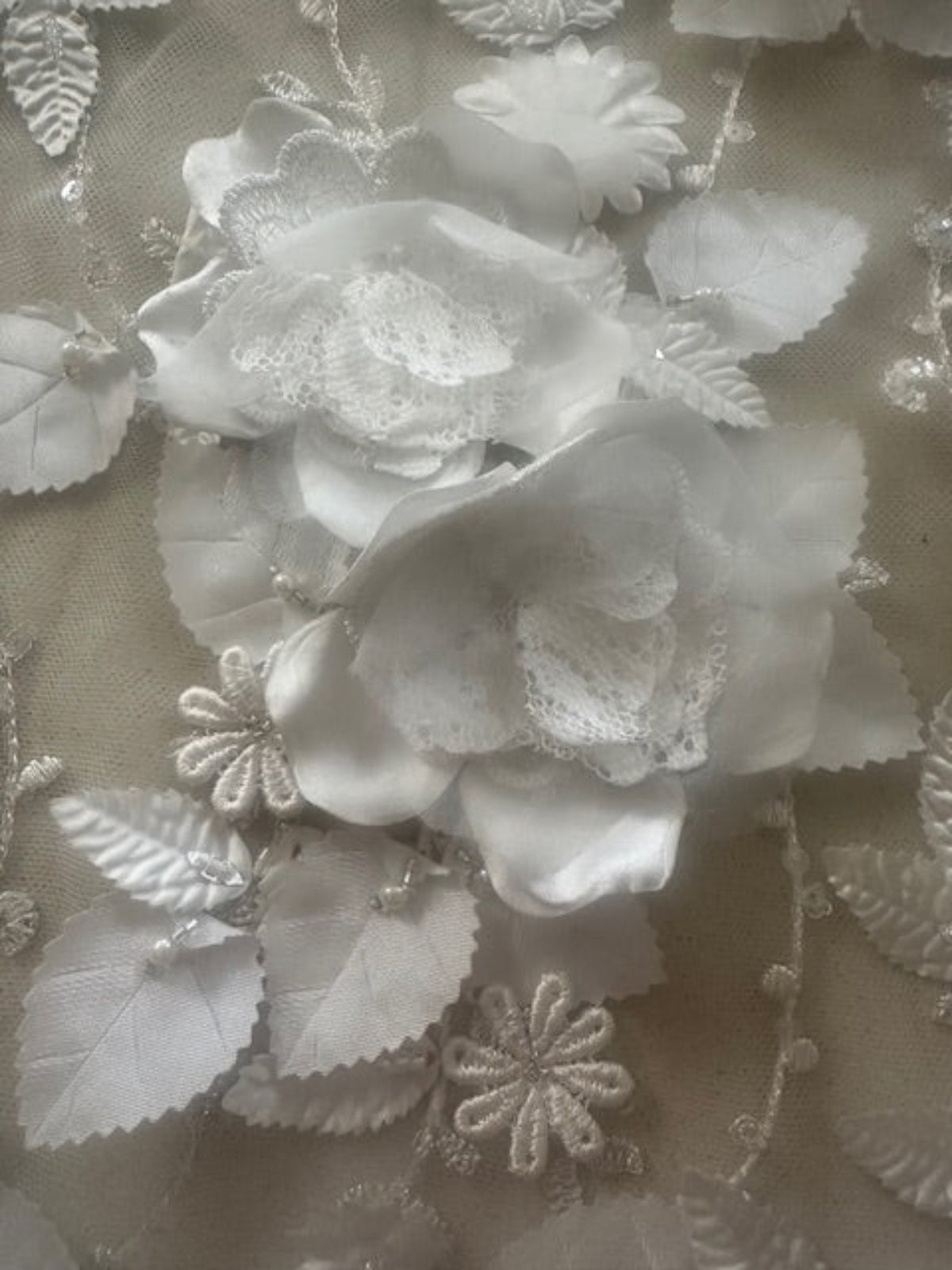 Ivory Laser Cut 3D Trailing Floral with Pearl &amp; Sequin Detail on Tulle