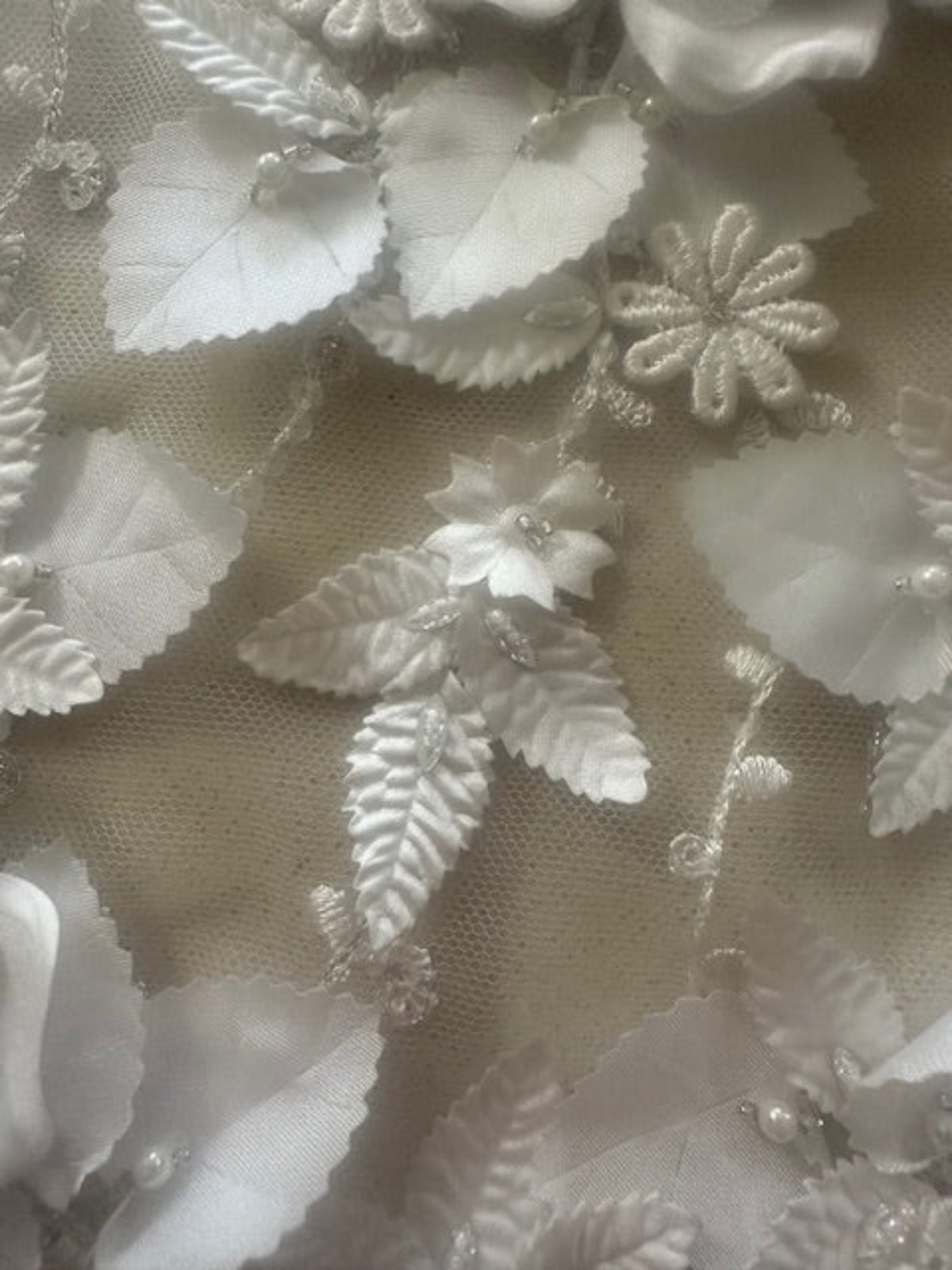 Ivory Laser Cut 3D Trailing Floral with Pearl &amp; Sequin Detail on Tulle