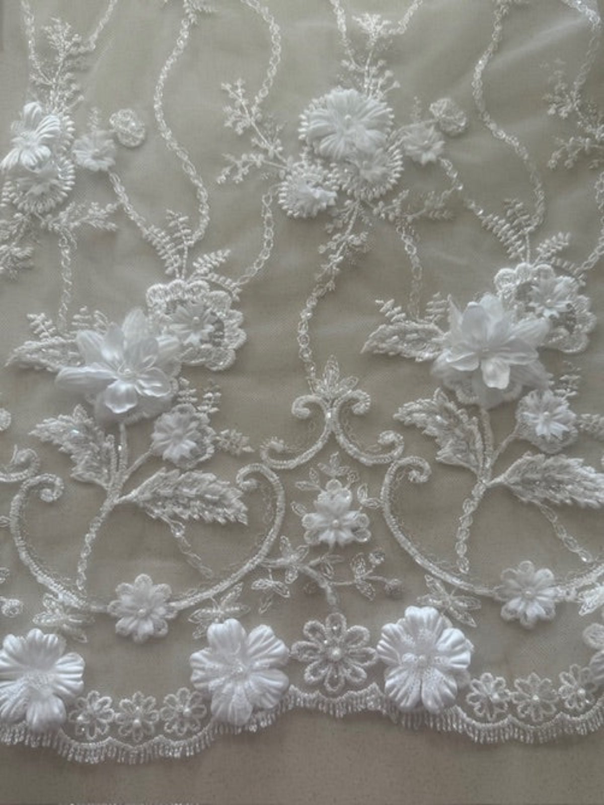 Ivory Trailing Laser cut Floral with Pearl Detail on Tulle