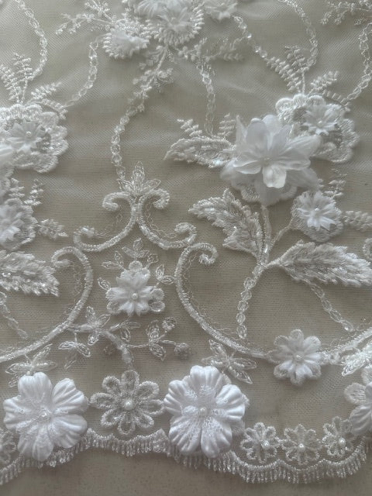 Ivory Trailing Laser cut Floral with Pearl Detail on Tulle