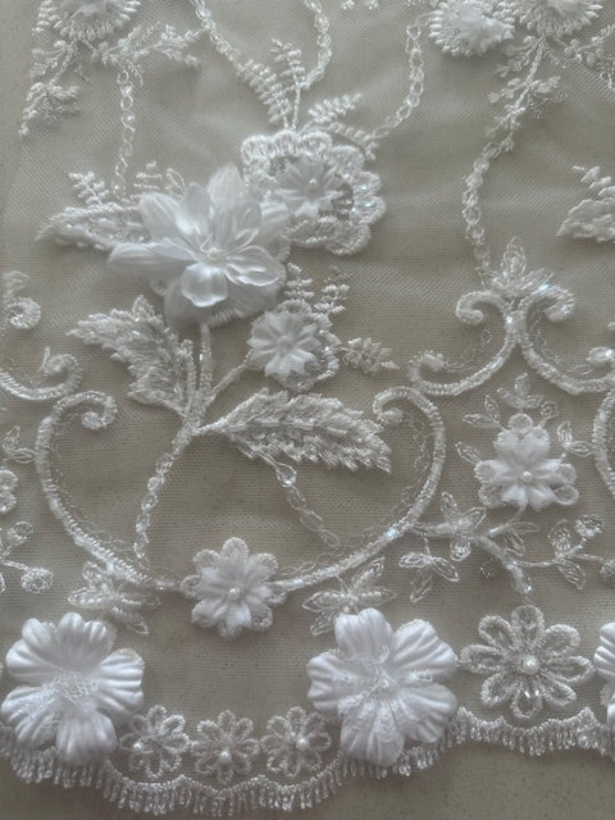 Ivory Trailing Laser cut Floral with Pearl Detail on Tulle
