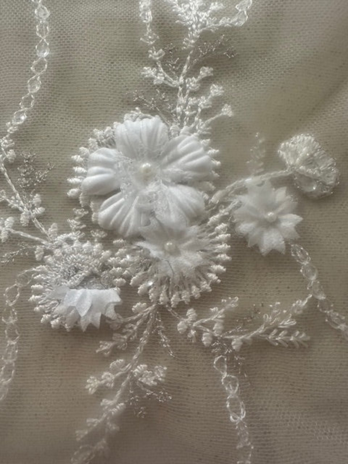 Ivory Trailing Laser cut Floral with Pearl Detail on Tulle