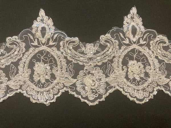 Ivory fine Embroidered Edging with Beaded & Sequin Detail. 14cm Max Width