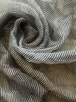 Black/Ivory Narrow Stripe on Yoryu Silk Chiffon. Stripes run across the fabric.