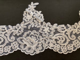 White Corded Lace Edging with Beaded &amp; Sequin Detail. 16cm Max Width