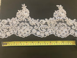 White Corded Lace Edging with Beaded &amp; Sequin Detail. 16cm Max Width