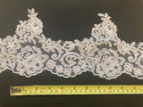 White Corded Lace Edging with Beaded &amp; Sequin Detail. 16cm Max Width