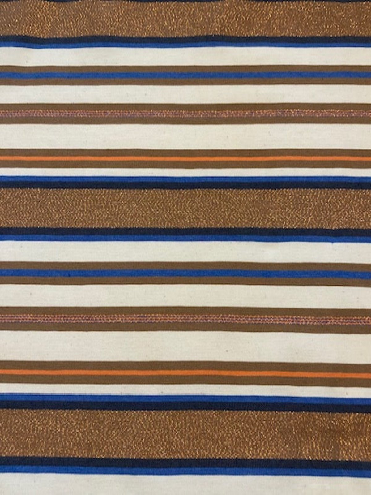 Bronze &amp; Blue Woven Stripe with Lurex Detail. One Way Stretch. Stripes run across the fabric.