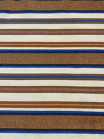 Bronze &amp; Blue Woven Stripe with Lurex Detail. One Way Stretch. Stripes run across the fabric.