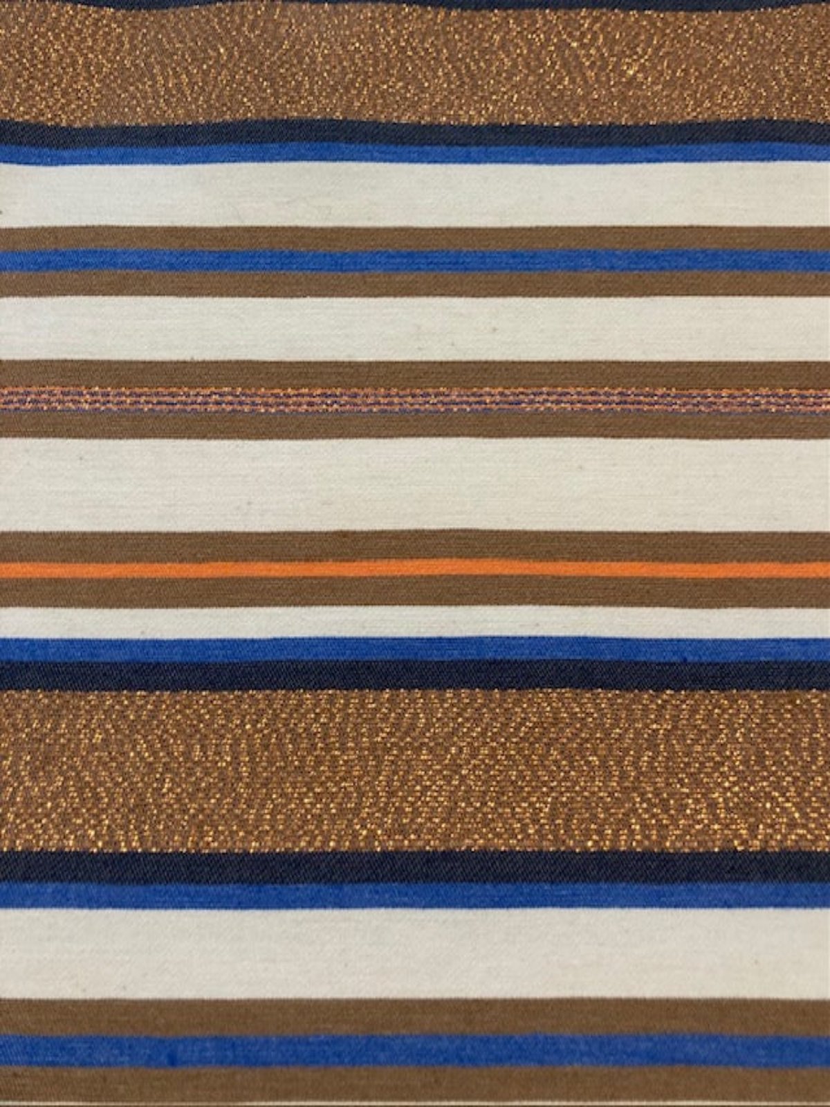 Bronze &amp; Blue Woven Stripe with Lurex Detail. One Way Stretch. Stripes run across the fabric.