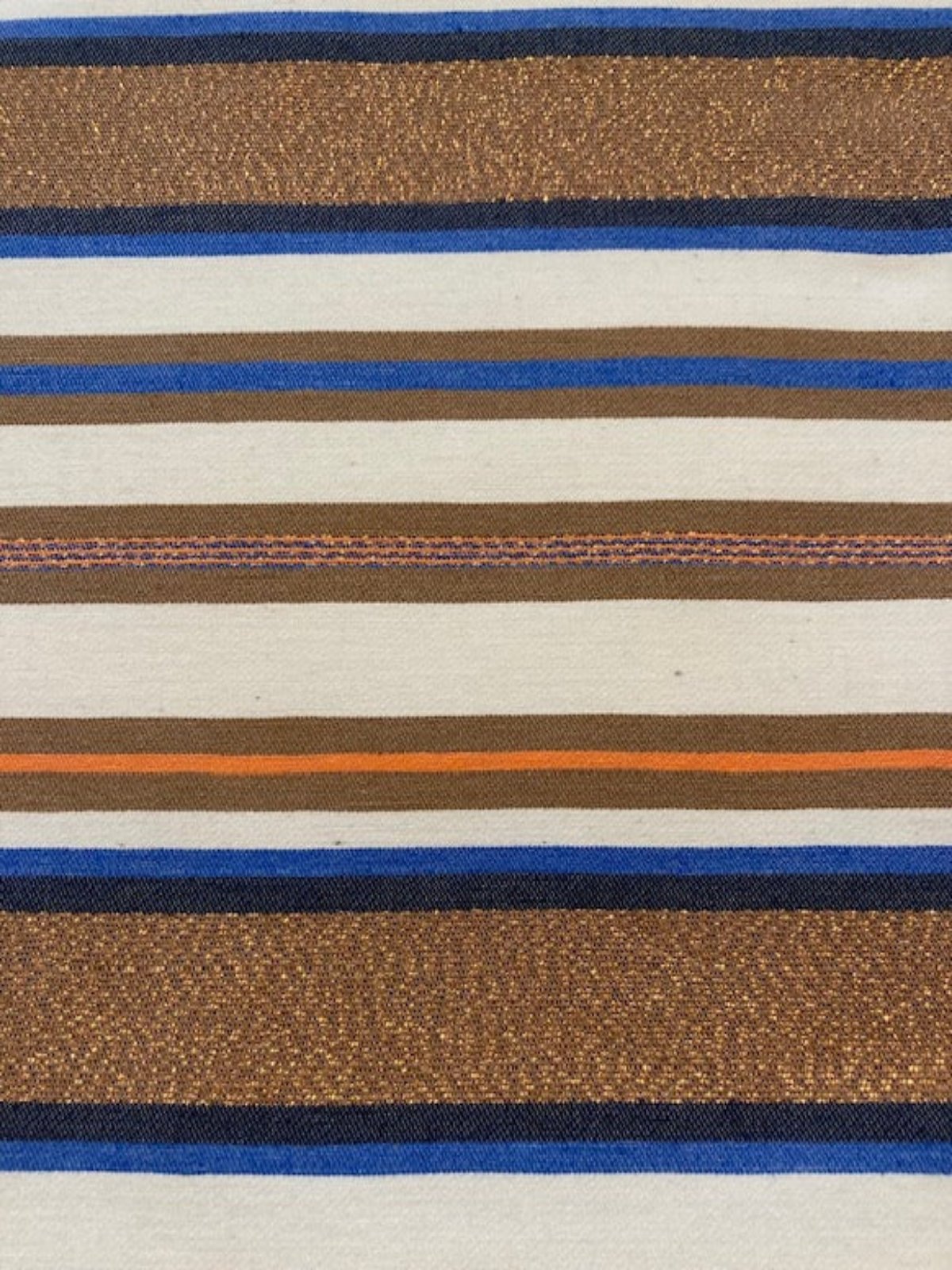 Bronze &amp; Blue Woven Stripe with Lurex Detail. One Way Stretch. Stripes run across the fabric.