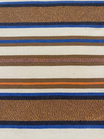 Bronze &amp; Blue Woven Stripe with Lurex Detail. One Way Stretch. Stripes run across the fabric.