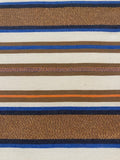 Bronze &amp; Blue Woven Stripe with Lurex Detail. One Way Stretch. Stripes run across the fabric.