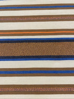 Bronze &amp; Blue Woven Stripe with Lurex Detail. One Way Stretch. Stripes run across the fabric.