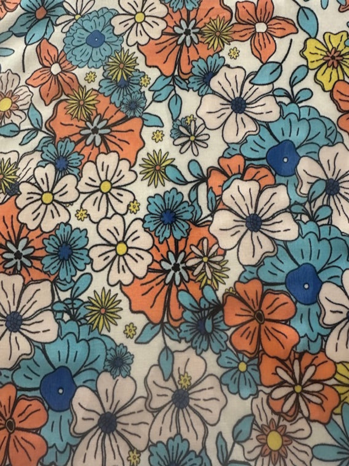 Coral/Blue Overlapping Flowers on Cotton Lawn