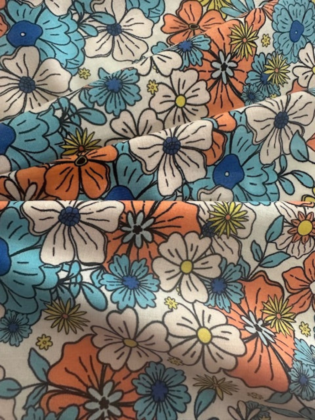 Coral/Blue Overlapping Flowers on Cotton Lawn