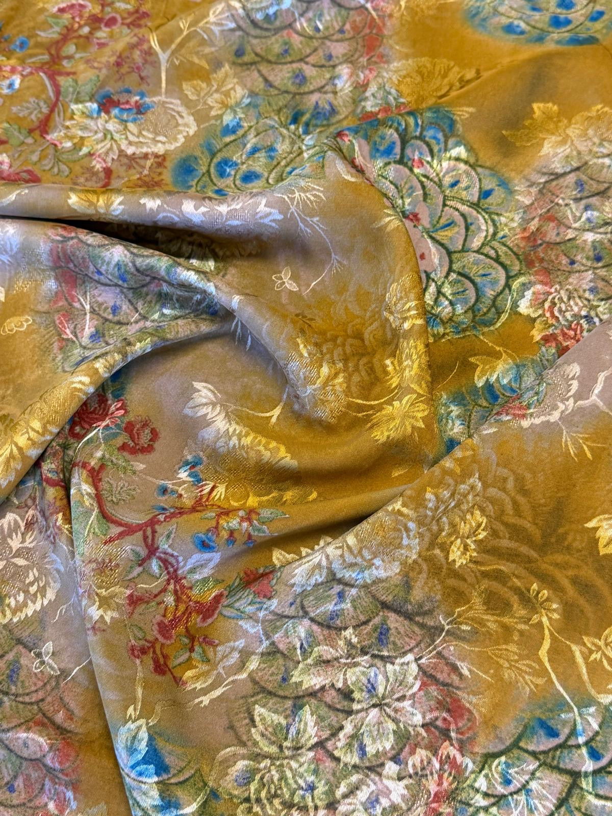 Floral Multicoloured Polyester Satin Fabric on Gold - 140cm Wide