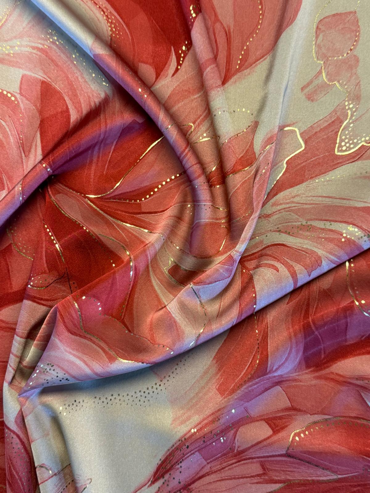 Red & White Floral Printed Chiffon Fabric with Gold Detail | Elegant Occasion Wear & Layering Fabric