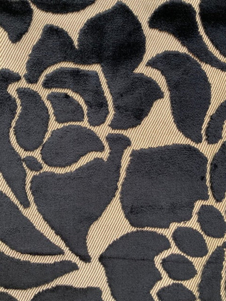 Black Velvet Flower Design on Pale Gold Twill