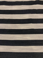 Black 2cm Stripe with Allover Gold Glitter Lurex Effect. Stripes run across the fabric.