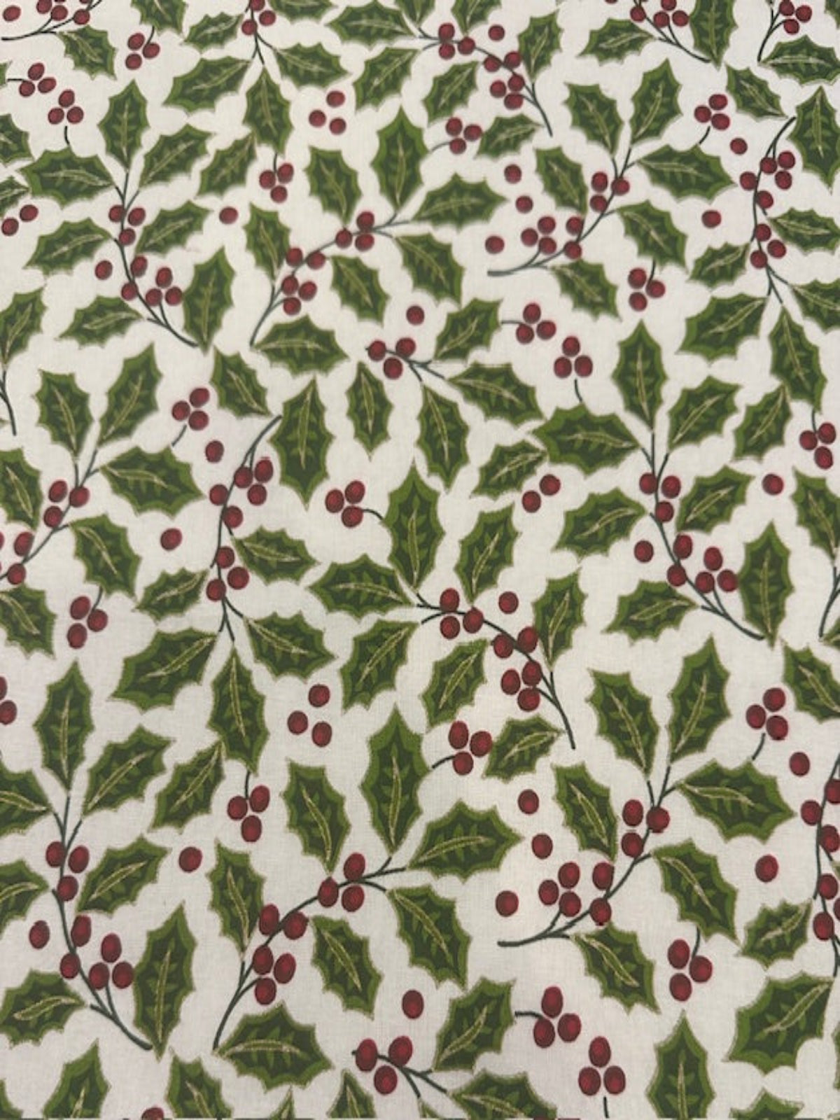 Christmas Green Hollies & Red Berries on Ivory Cotton