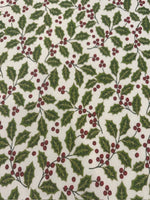 Christmas Green Hollies & Red Berries on Ivory Cotton