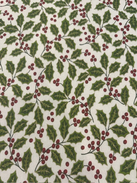 Christmas Green Hollies & Red Berries on Ivory Cotton