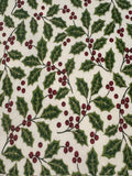 Christmas Green Hollies & Red Berries on Ivory Cotton