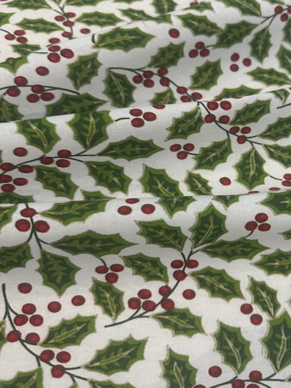 Christmas Green Hollies & Red Berries on Ivory Cotton