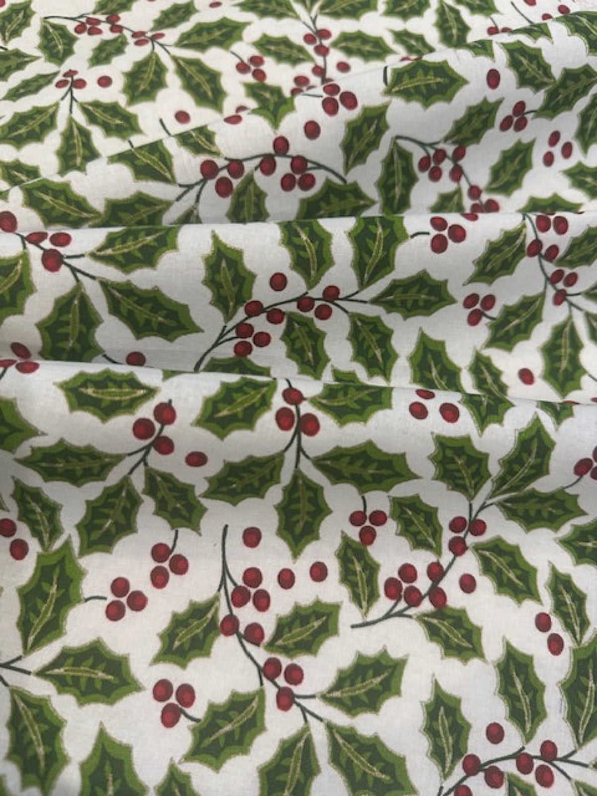 Christmas Green Hollies & Red Berries on Ivory Cotton