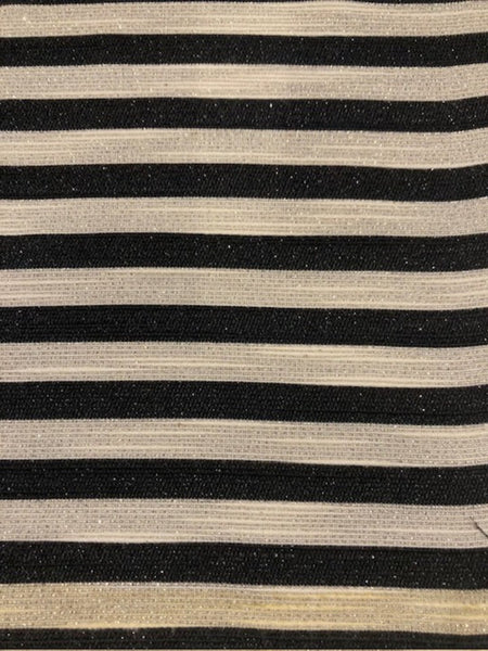 Black 8mm Stripe with Allover Gold Glitter Lurex Effect. Stripes run across the fabric.