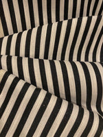 Black 8mm Stripe with Allover Gold Glitter Lurex Effect. Stripes run across the fabric.