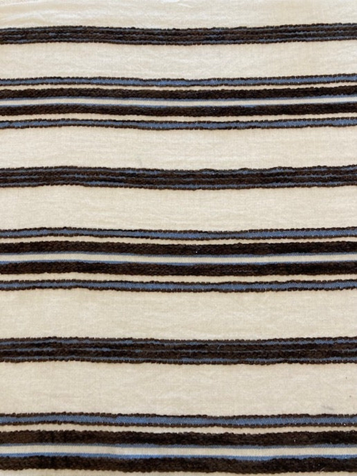 Brown & Blue Raised Embroidered Stripe on Cream Cotton, Stripes Run Across the fabric